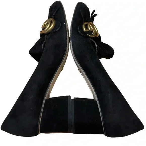 Gucci marmont fringe AUTHENTIC Black Suede Mule Heel Shoes Size 39 1/2 - Picture 5 of 12